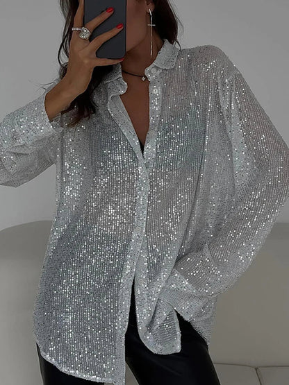 Women's Shirt - Sequin Design - Long-Sleeved Loose Fit - Buttoned Front Party Look