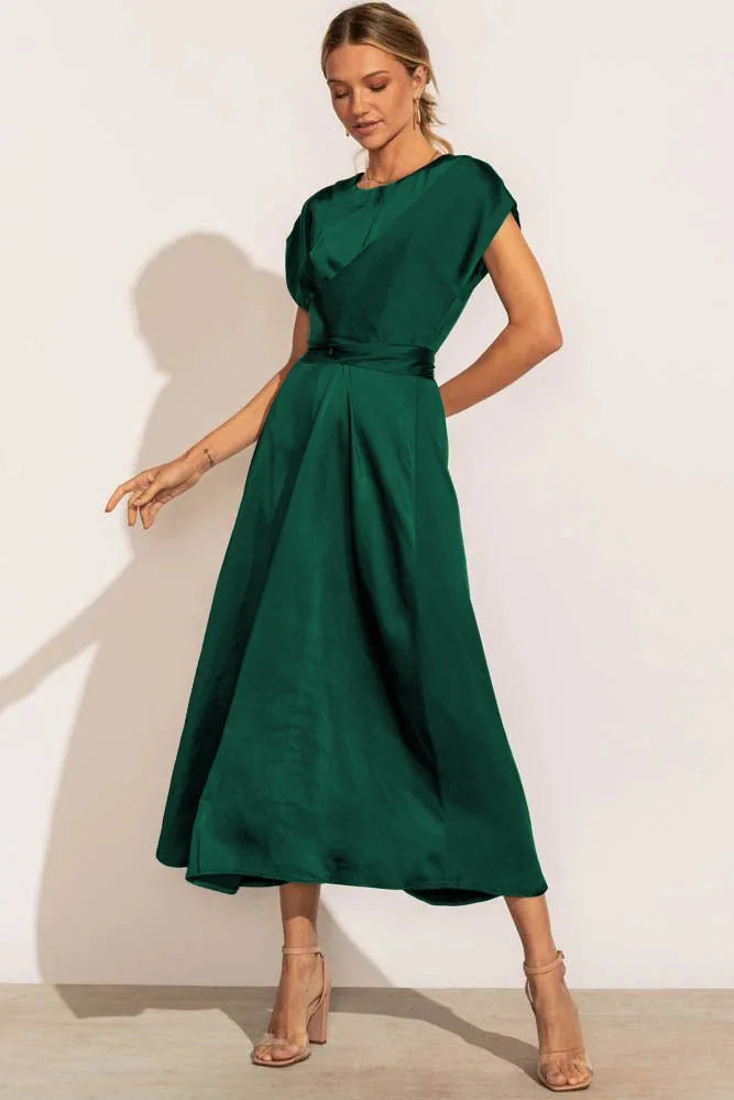Women's Midi Dress - Satin Look - V-Neck Wrap Design - Elegant A-Line Fit
