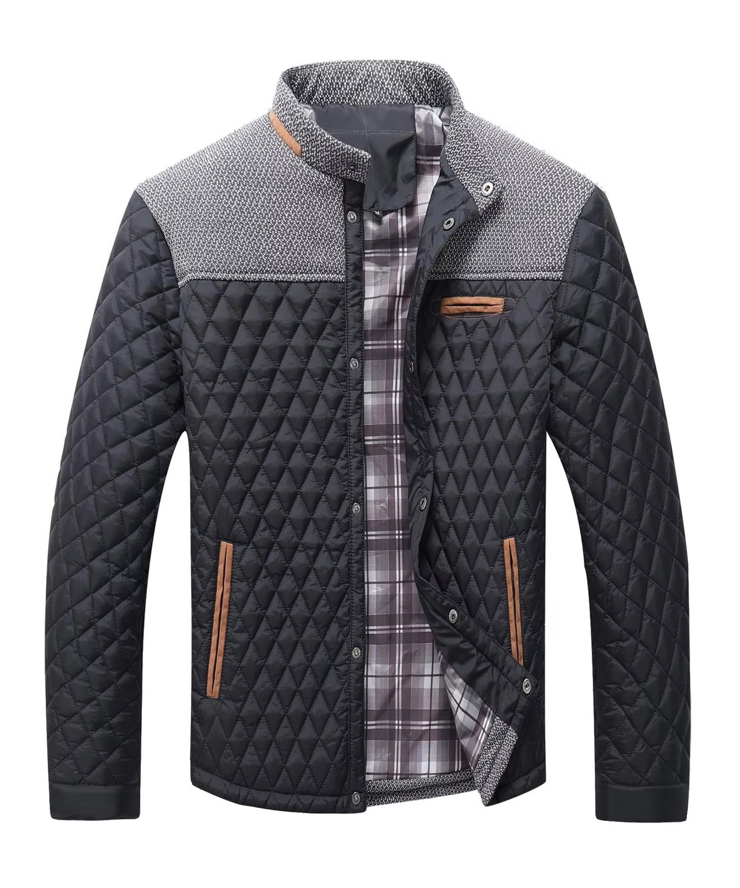 TrendAura Men's Diamond Quilted Lightweight Bomber Jacket Overshirt With Contrast Grey Yoke And Pockets