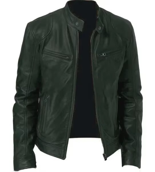 Men's Slim Fit PU Leather Jacket With Stand Collar Wind Resistant Motorcycle Style