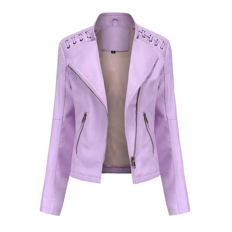 Women's PU Leather Motorcycle Jacket – Short Slim Fit, Zipper-Up, 12 Colors