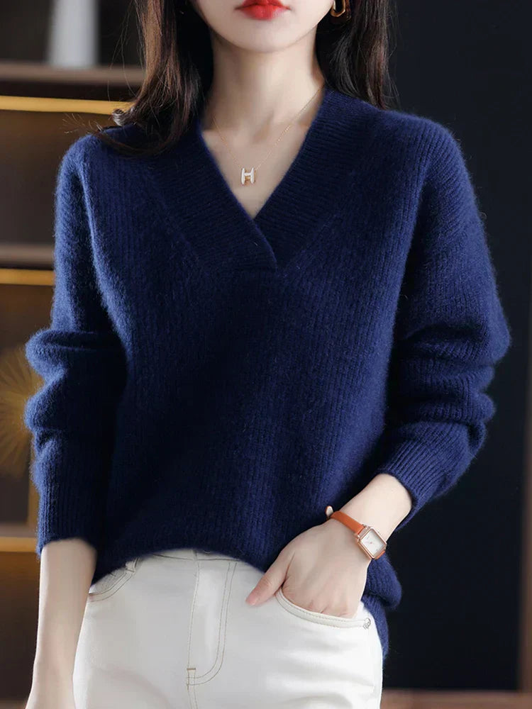 Women’s Pullover Sweater – Soft Knit – V-Neck – Relaxed Fit – Ribbed Trim