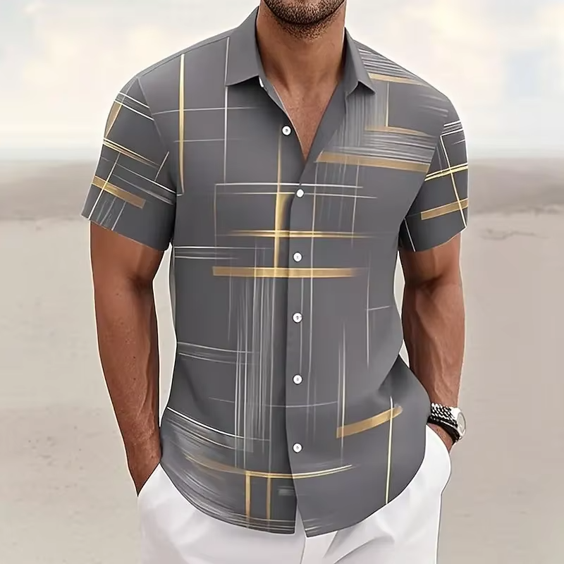 TrendAura Men's 3D Geometric Plaid Short Sleeve Button Down Shirt For Modern Casual Style