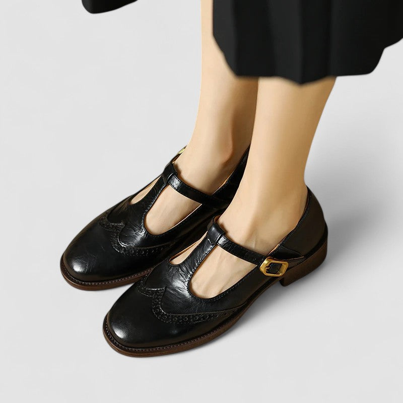 Olyssiah For Women Mary Jane Shoes Leather Handmade 3.5cm Square Heel Comfortable Classic Retro