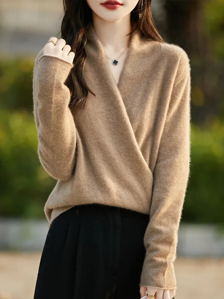 Women’s Pullover Sweater – Wool Knit – Relaxed Fit – V-Neck Long Sleeve Casual