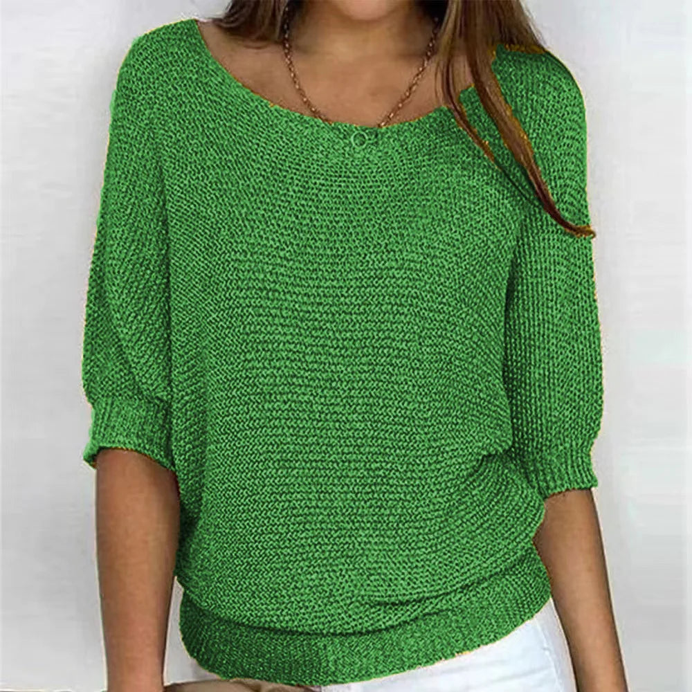 Women's Knit Sweater - Loose Fit - Round Neck - 3/4 Sleeves - Soft and Comfortable