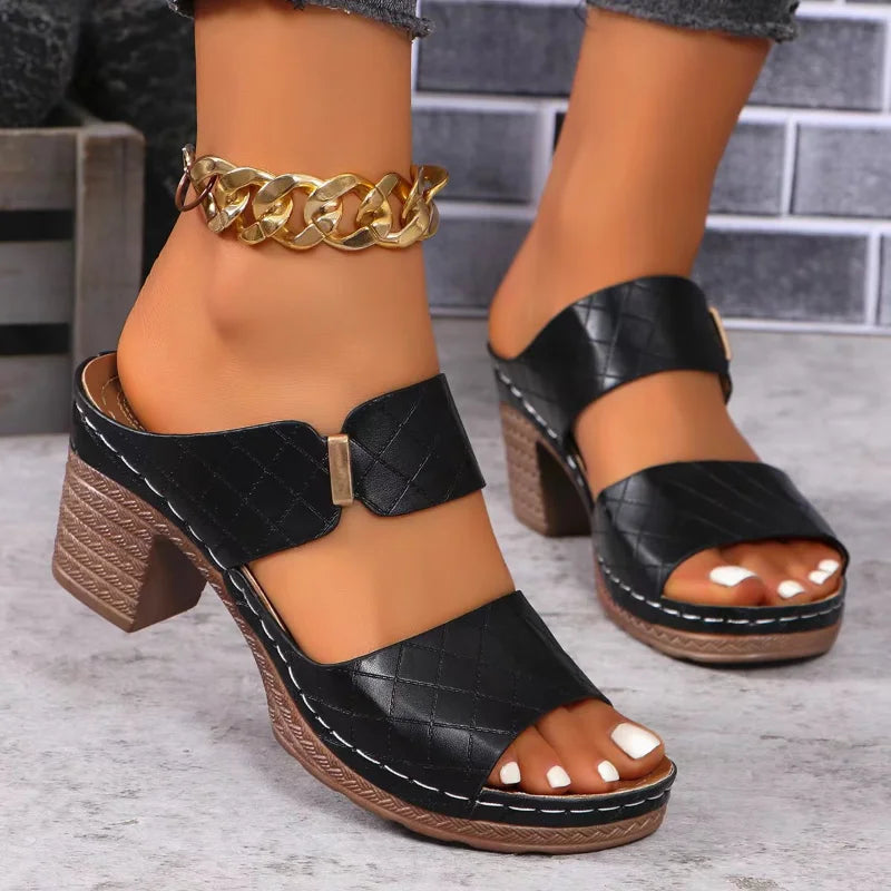 Women's Arch Support Flat Sandals with Block Heel and Adjustable Straps