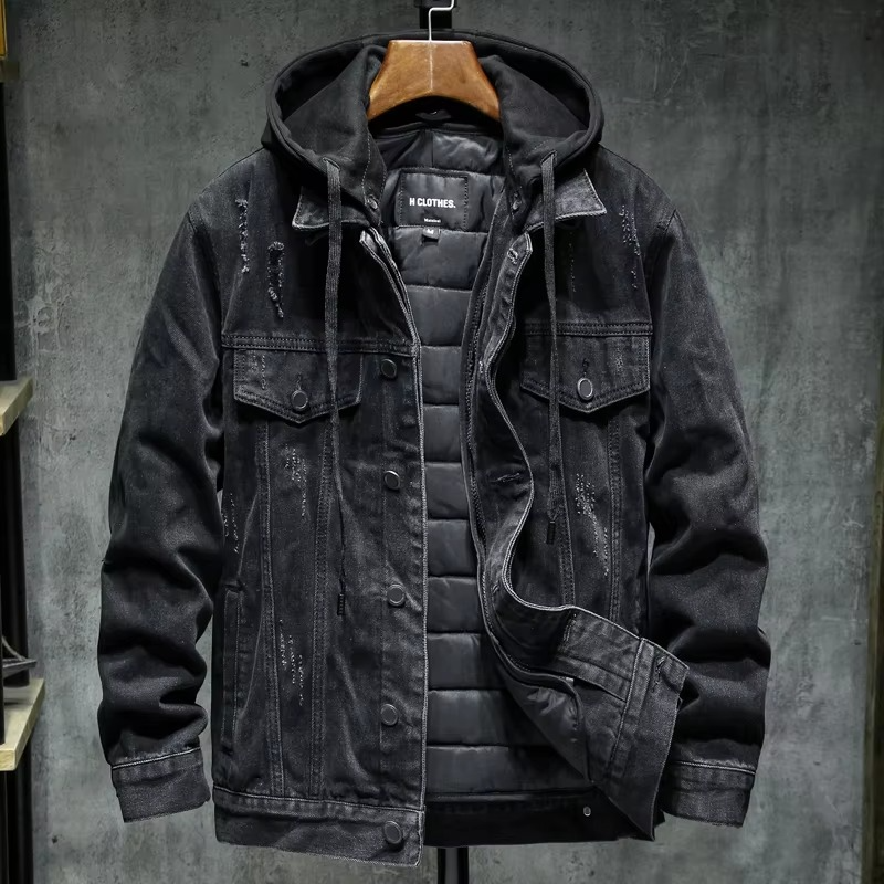 Mens Thick Lined Black Hooded Denim Jacket Cotton Outerwear Warm Winter Plus Size Up To 5XL