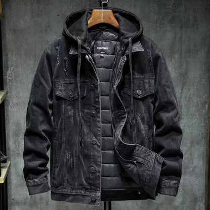 Mens Thick Lined Black Hooded Denim Jacket Cotton Outerwear Warm Winter Plus Size Up To 5XL