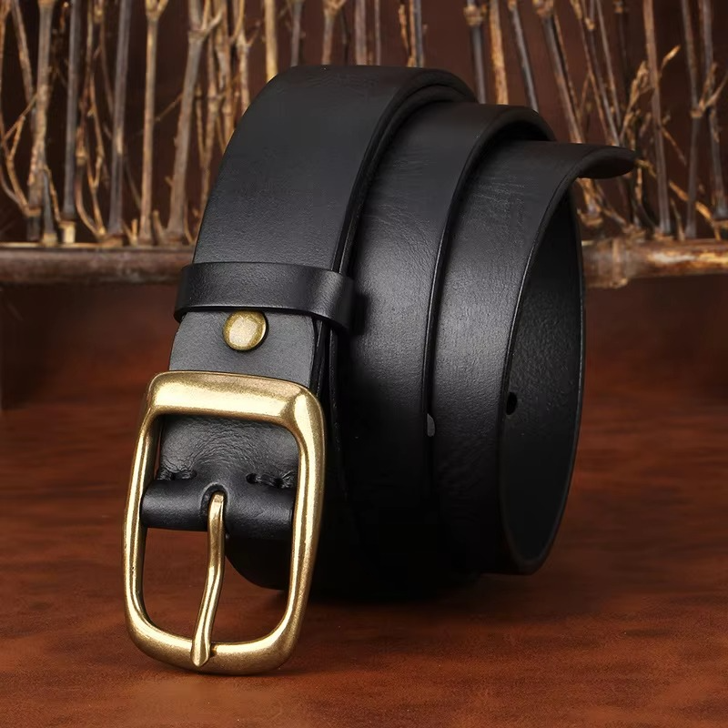 Mens Genuine Leather Belt With Solid Brass Pin Buckle Vintage Casual Dress Belt For Men