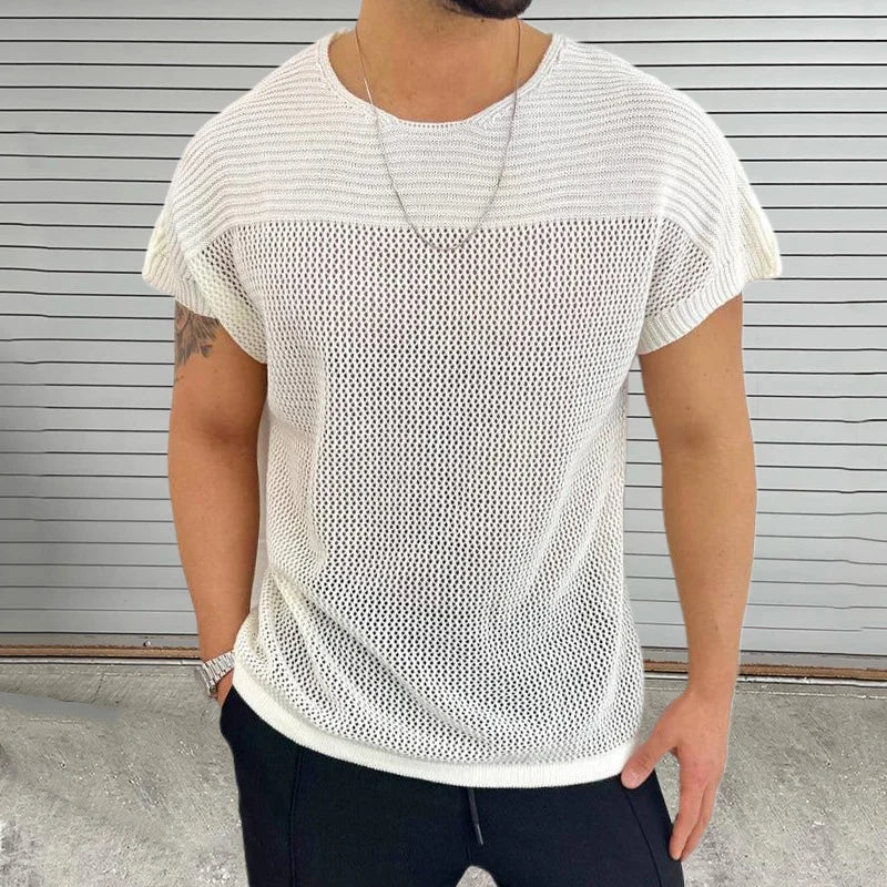 TrendAura Mesh Vibe O Neck Knit Tee For Men Breathable Lightweight Streetwear Summer Shirt