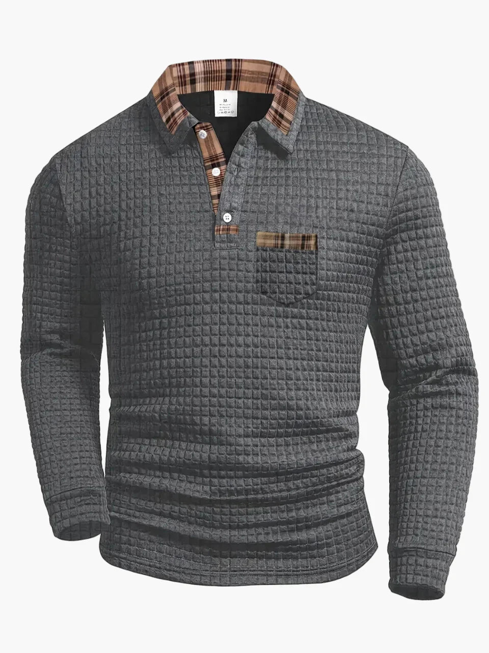 Premium Men's Long Sleeve Polo Shirt With Check Details And Waffle Pattern For Everyday And Office
