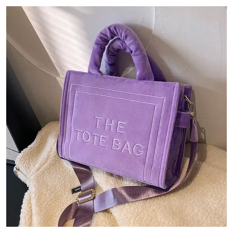 TrendAura Statement Tote Bag - Soft Velour With Original Letter Print, Spacious Interior, Square Tote, Optional Strap