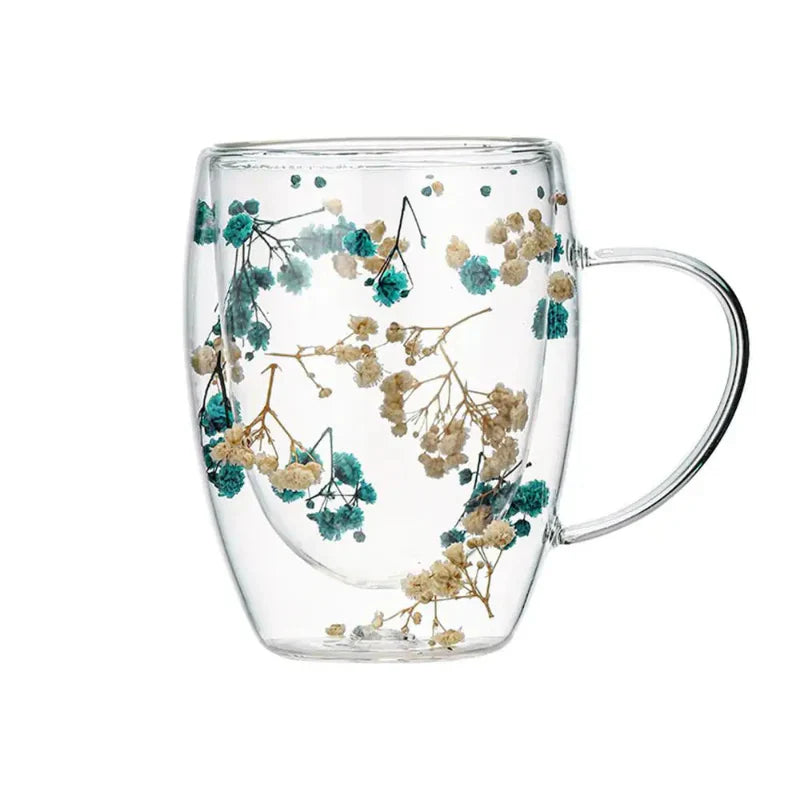 Liora Petal Dual Layer Insulated Glass Coffee Mug With Delicate Dried Flower Design 350ml