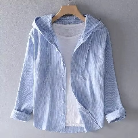 Men's Summer Hooded Long Sleeve Cotton Linen Shirt Lightweight Breathable Relaxed Fit