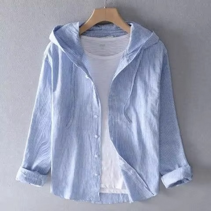 Men's Summer Hooded Long Sleeve Cotton Linen Shirt Lightweight Breathable Relaxed Fit