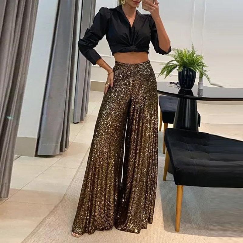 Women’s High-Waisted Sequin Trousers | Wide-Leg Winter Style