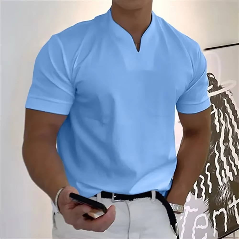 Men's Summer V Neck Short Sleeve T Shirt Elastic Cotton Athletic And Casual Fit Breathable