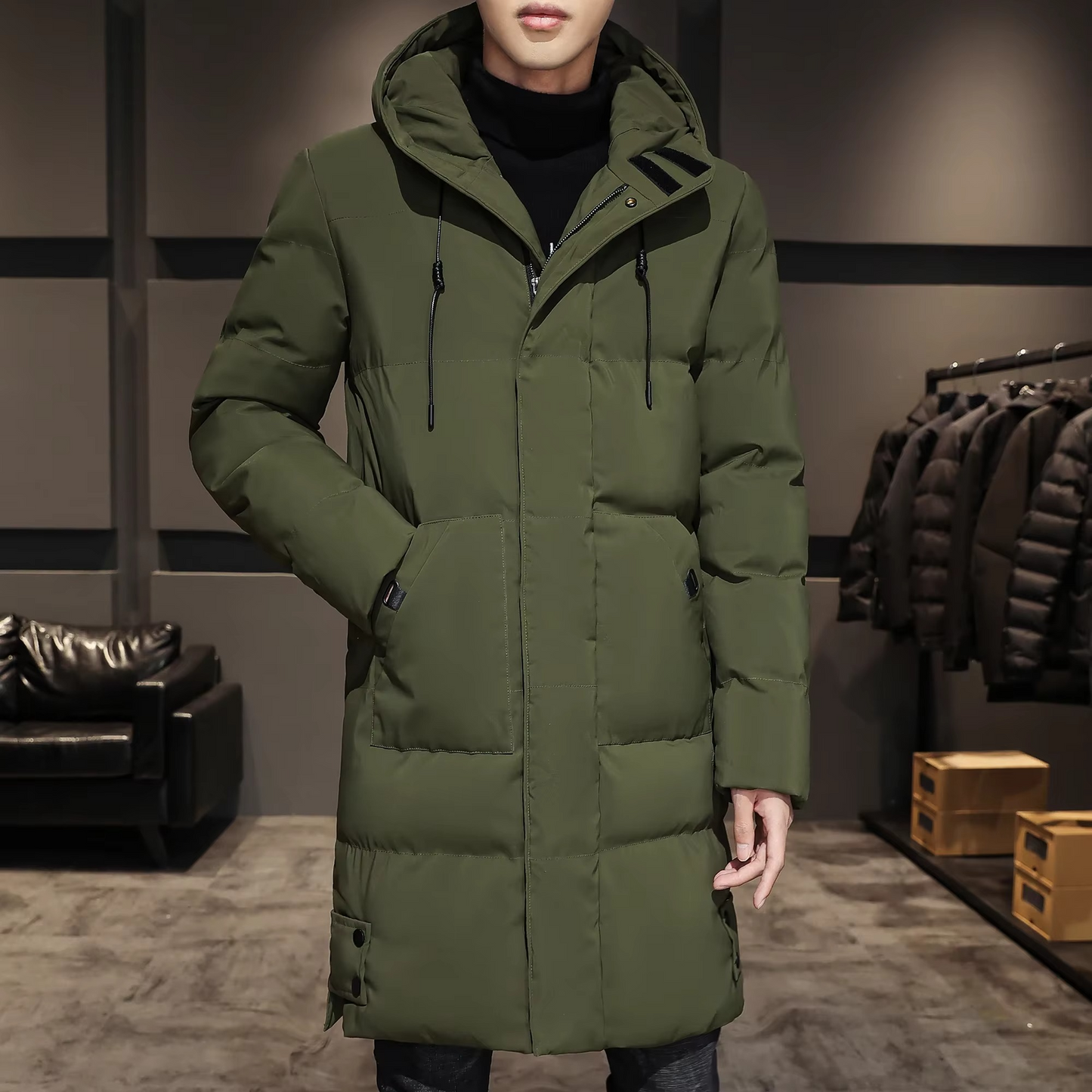 TrendAura Mens Long Cotton Padded Parka Coat Warm Lightweight Solid Color Winter Jacket