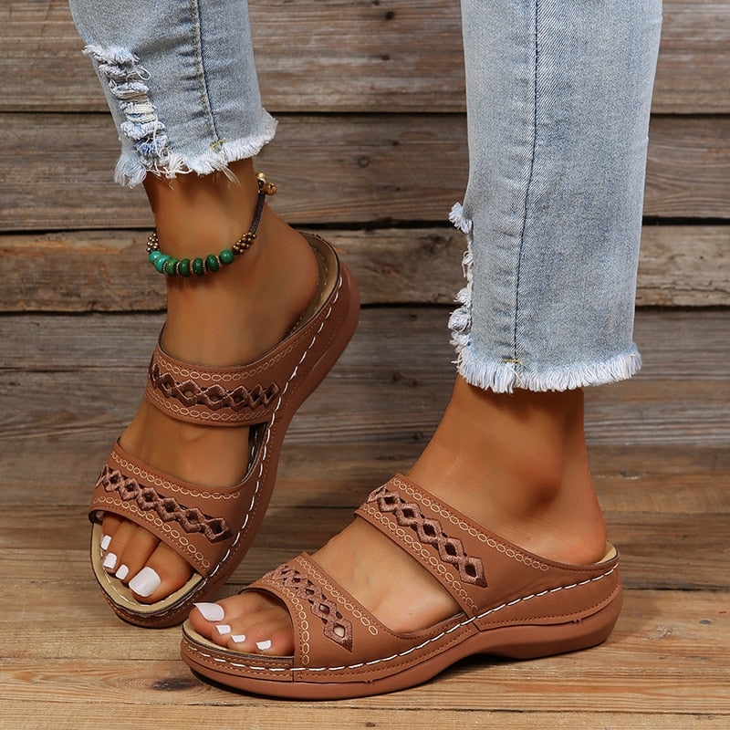 Orthopedic Sandals With Embroidered Double Straps For All Day Foot Support Women Olive Green