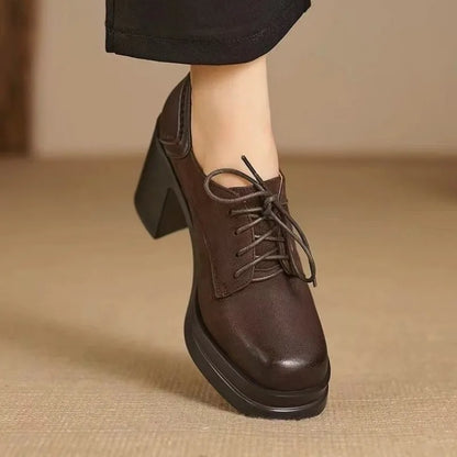 Women's Lace-Up Block Heel Oxfords with Platform Design and Sturdy Construction