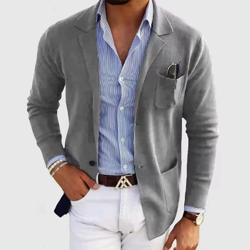 Men's Solid Color Knitted Cardigan Coat With Turn Down Collar And Multiple Pockets