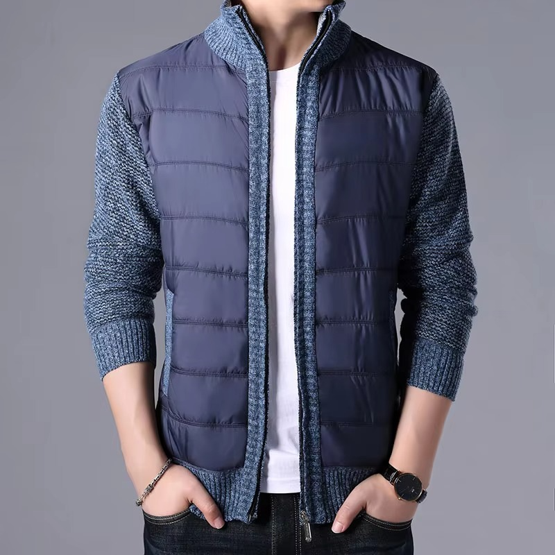 TrendAura Men's Thick Knit Cardigan Winter Jacket Patchwork Warm Slim Fit Outerwear