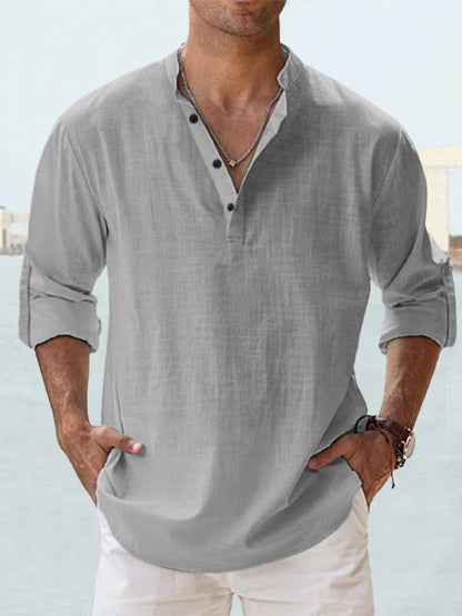 Hugo Linen Shirt for Men Mandarin Collar Casual Lightweight Long Sleeve Relaxed Fit Breathable Top
