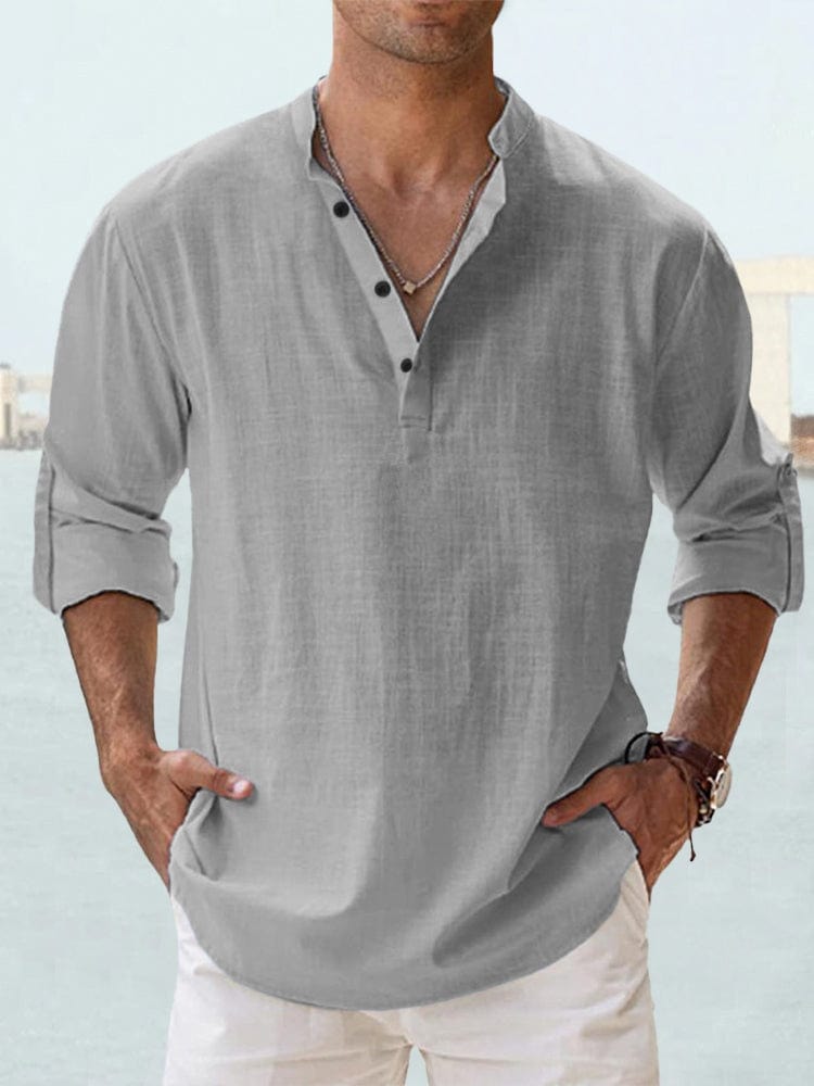Max Linen Cotton Mao Collar Shirt For Men With Long Sleeves And Front Button Placket Versatile Office And Casual Wear