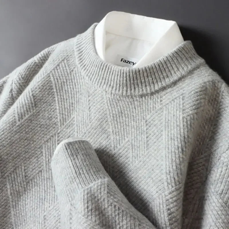 Caleb Mens Diamond Knit Sweater In Neutral Beige Soft Touch Knitwear For Casual Layering Essentials