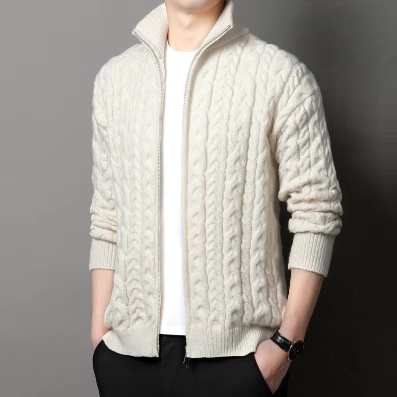 TrendAura Men's Thick Knit Zipper Sweater Coat With Stand Collar Warm Winter Cardigan Jacket