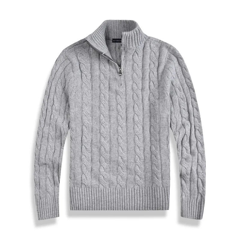 TrendAura Henry Half Zip Cable Knit Sweater Wool Cotton Blend For Men With High Collar And Ribbed Details