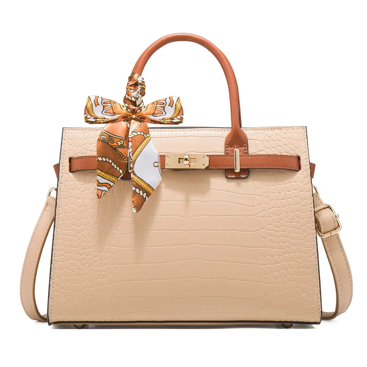 TrendAura Guiliana Davoli Croc Bag Vegan Leather Midi Structured Handbag with Scarf Accent and Gold Buckle