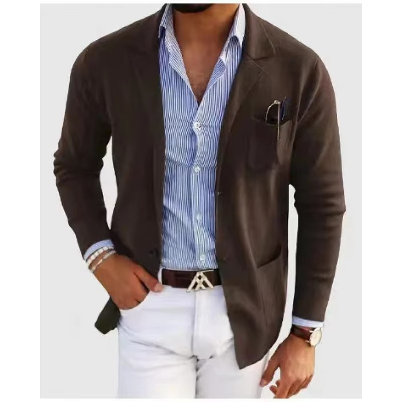 Men's Solid Color Knitted Cardigan Coat With Turn Down Collar And Multiple Pockets