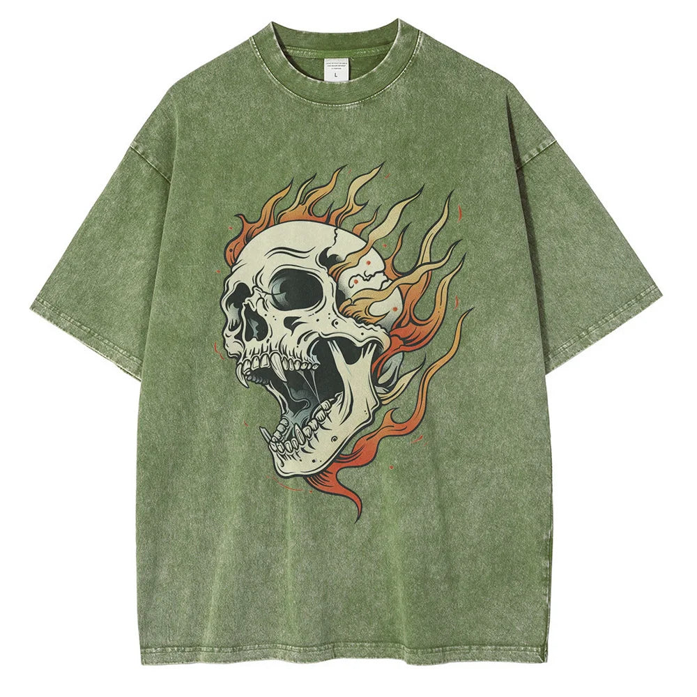 TrendAura Bone Blaze Acid Wash Skull Tee With Flame Graphic Oversized Heavyweight One Hundred Percent Cotton