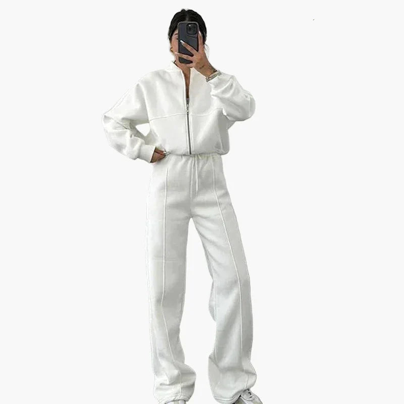 Women's Oversize Casual Suit Two-Piece with Wide Pants and Zipper Jacket – Casual Streetwear Look