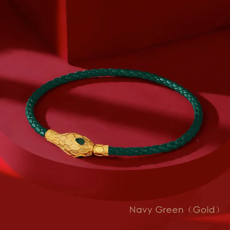 Aspis Viper Handwoven Leather Bracelet with Gold Tinted Serpent Clasp for Men and Women