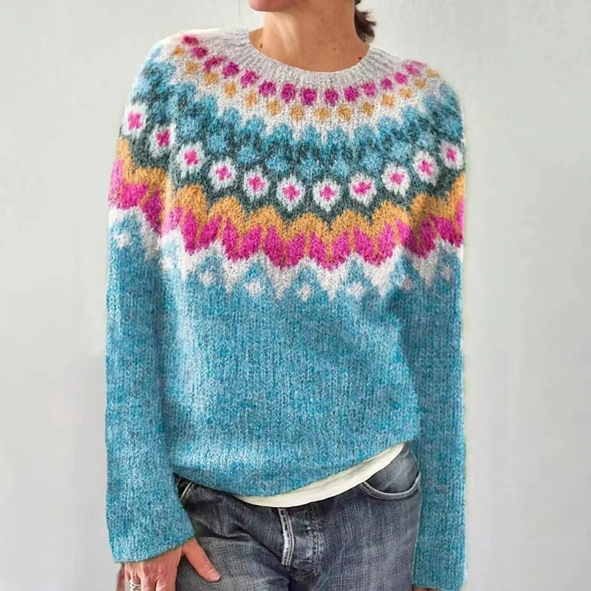 Color Block Loose Fit Women’s Knitwear Top with Round Neck and Full Sleeves