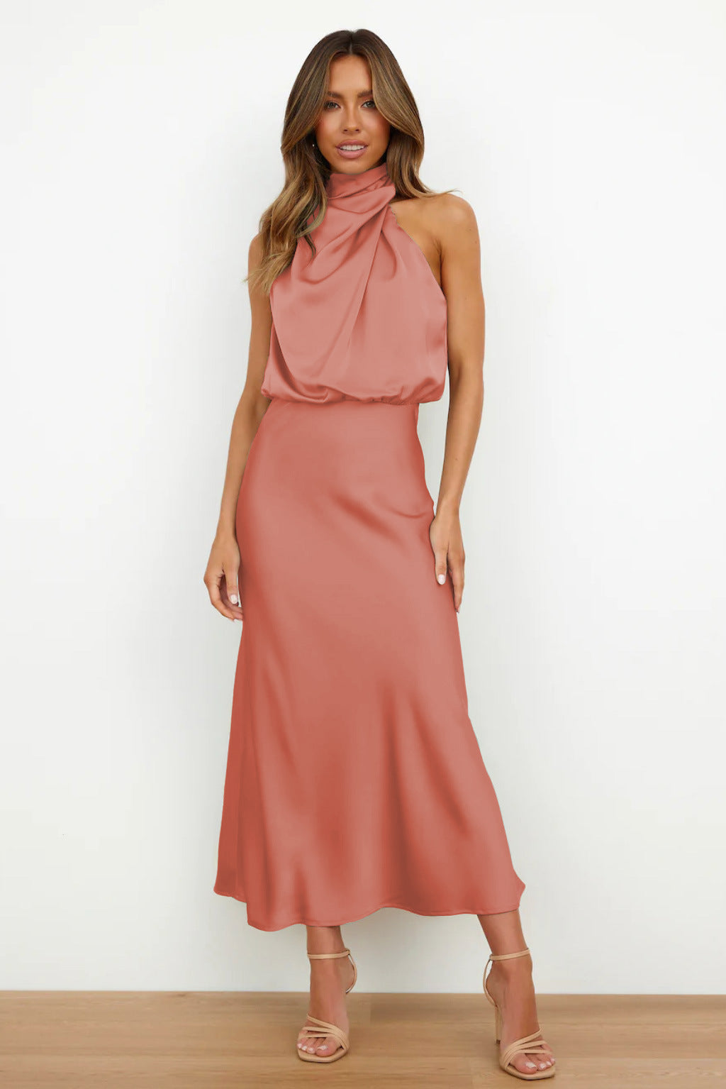 Women's Halter Evening Dress with A-Line Silhouette and Adjustable Neckline