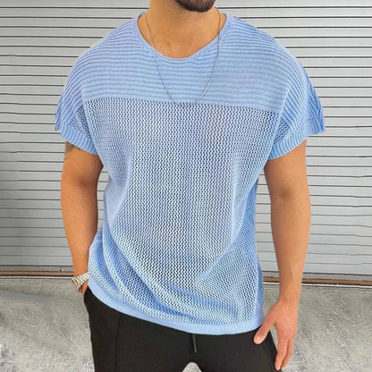 TrendAura Mesh Vibe O Neck Knit Tee For Men Breathable Lightweight Streetwear Summer Shirt