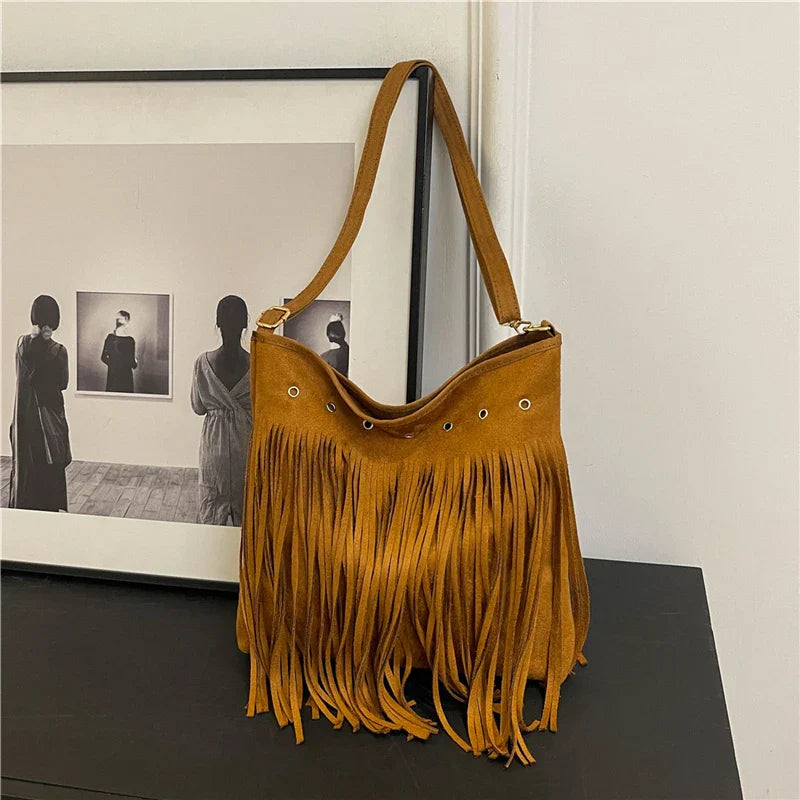 TrendAura Maria Fringe Shoulder Bag - Boho Faux Suede With Eyelet Detailing And Long Fringe