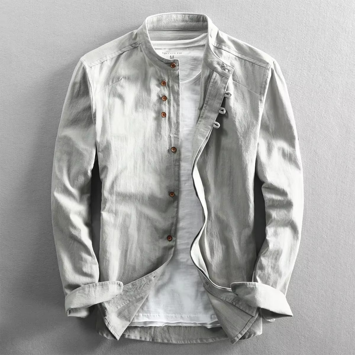 TrendAura Men's Cotton Linen Stand Collar Shirt Retro Chinese Style Long Sleeve Top Sizes M Through 7XL