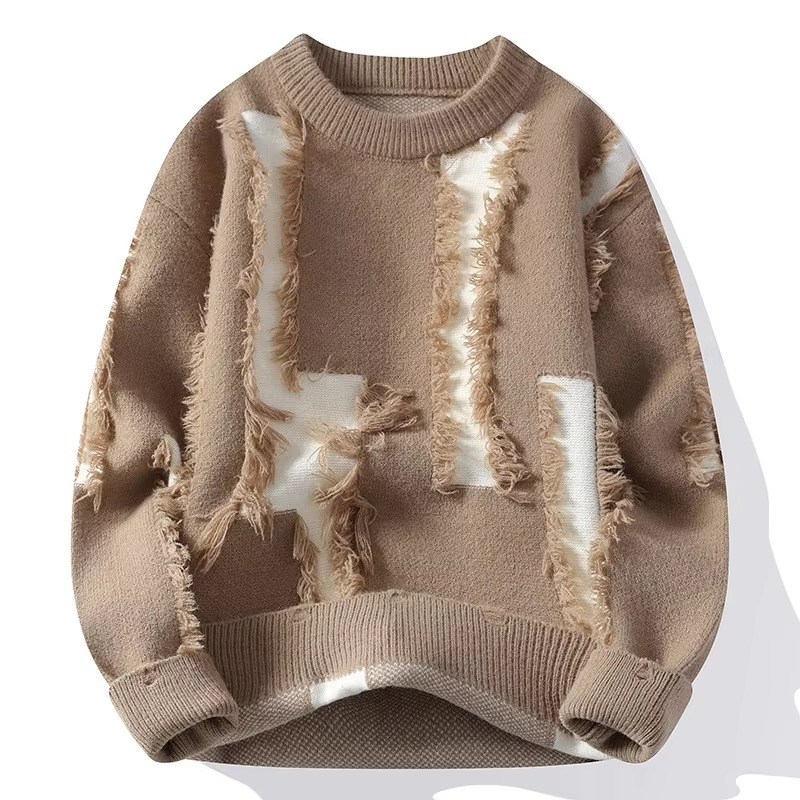 Men's Distressed Ripped Knit Patchwork Sweater Loose Fit Crew Neck Pullover TrendAura