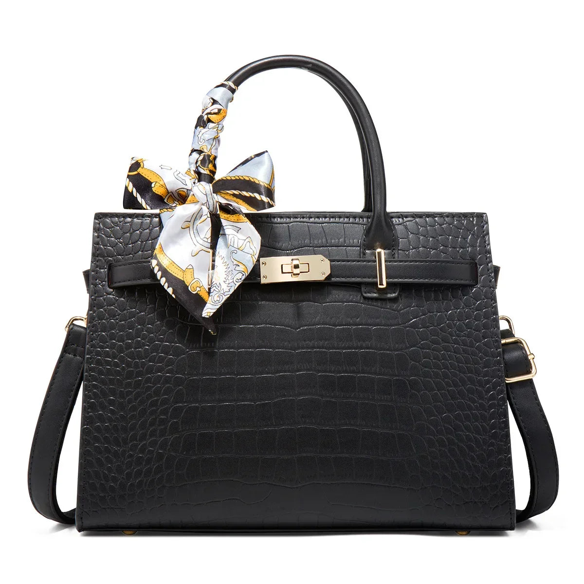 TrendAura Guiliana Davoli Croc Bag Vegan Leather Midi Structured Handbag with Scarf Accent and Gold Buckle