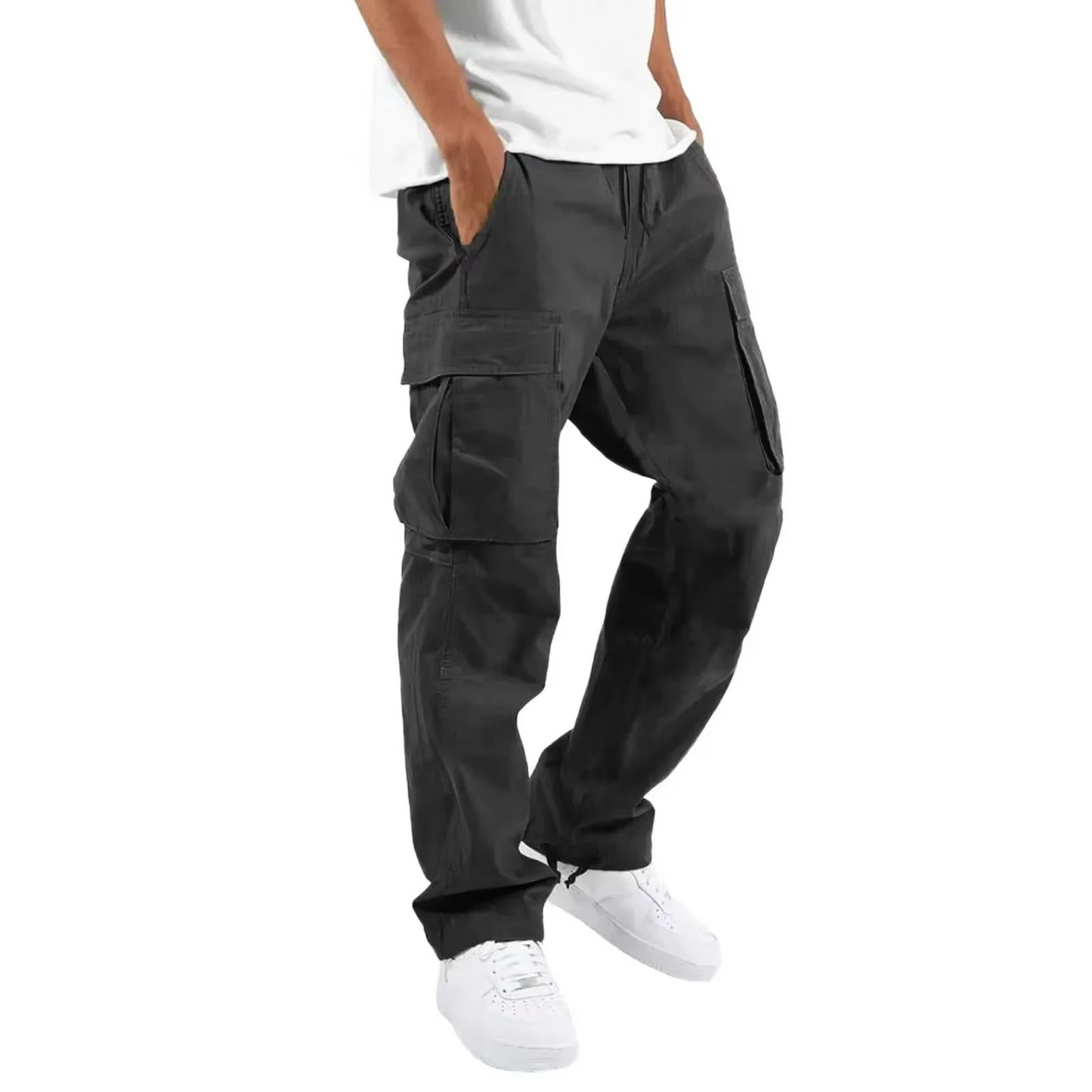 2025 Men's Solid Cargo Pants With Multi Pocket Design And Adjustable Drawstring For Everyday Comfort