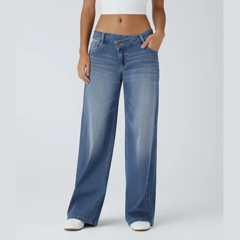TrendAura Serenity Baggy Wide-Leg Jeans - Relaxed Comfort, Vintage Wash, Low Rise