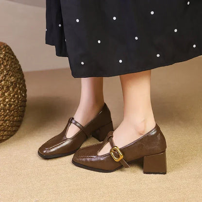 Women's Square Toe Heels with Block Heel and Gold Accent