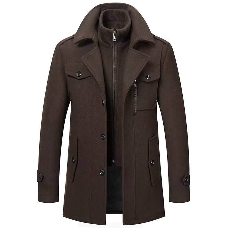 TrendAura Men's Mid Length Wool Trench Coat With Double Collar Zipper Overcoat For Fall And Winter
