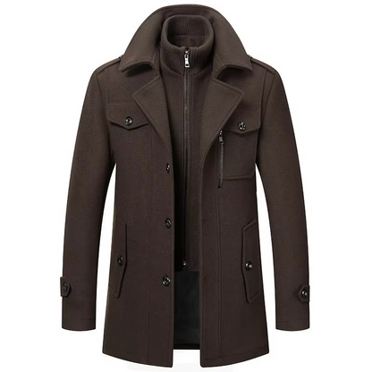 TrendAura Men's Mid Length Wool Trench Coat With Double Collar Zipper Overcoat For Fall And Winter