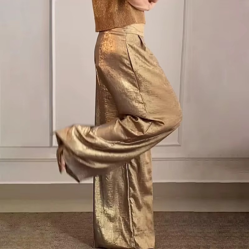 Spring Metallic High Waist Wide Leg Pants for Women